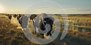 American Bison herd stampeding across South Dakota prairie in slow motion . Concept Wildlife