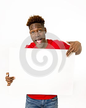 American black man holding and showing blank panel billboard with copy space