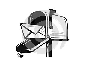 American black open mailbox with letter on white background