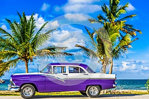 American blue classic car parked on the Malecon near the beach in Havana Cuba - Serie Cuba Reportage