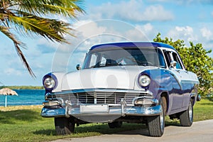 American blue Ford Fairlane classic car parked on the Malecon near the beach in Havana Cuba - Serie Cuba Reportage