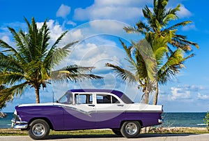 American blue Ford Fairlane classic car parked on the Malecon near the beach in Havana Cuba - Serie Cuba Reportage