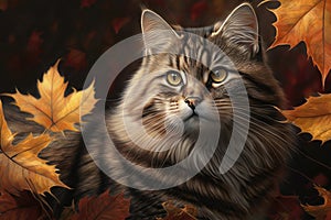 American Bobtail Cat, Portrait With Autumn Leaves. Generative AI