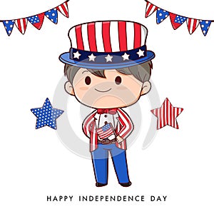 American Boy Portrait Celebrating 4th Of July Independence Day with Costume, Wearing Uncle Sam Hat Vector