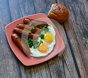 American breakfast with egg sausage bread vegetable