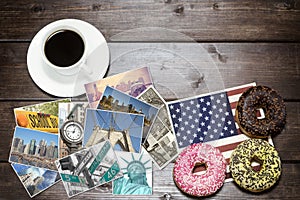 American breakfast with NYC photos concept