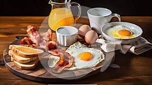 American breakfast with sunny side up eggs, bacon, toast, pancakes, coffee and juice, wood background. Generative AI