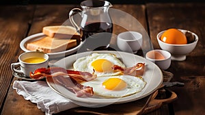 American breakfast with sunny side up eggs, bacon, toast, pancakes, coffee and juice, wood background. Generative AI