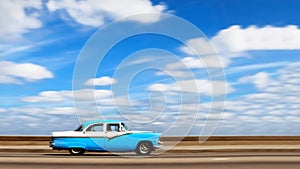 American bright blue retro car on the seafront of the capital of Cuba Havana against the blue sky with white clouds. Motion blur.