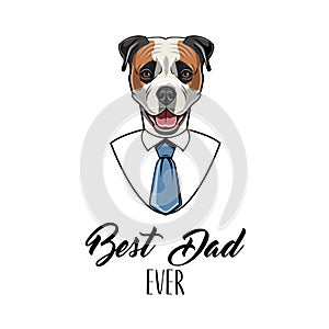 American bulldog dog. Fathers day greeting card. Best dad ever text. Shirt, Necktie, Tie. Dad gift. Vector.