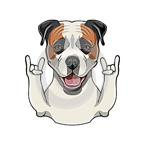 American Bulldog dog. Horns, Rock gesture. Dog portrait. American bulldog portrait. Vector.