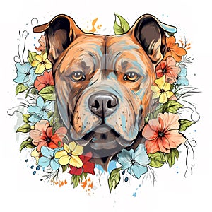 American bully dog head and beautiful tropical flowers on white background. Mammals. Pet. Animals.