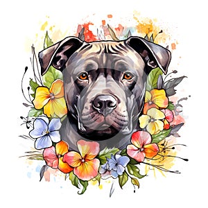 American bully dog head and beautiful tropical flowers on white background. Mammals. Pet. Animals.