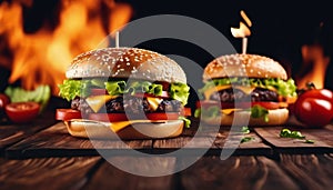 American burger with beef, lettuce, tomato and cheese on the wooden board and with flames in the background.