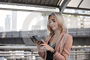 American business woman chat on phone