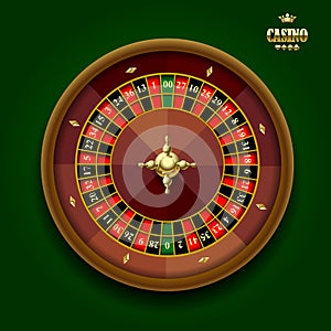 American casino roulette wheel on dark green background