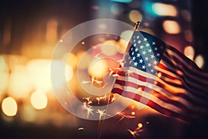 American celebration of national holiday, USA flag and fireworks background. Generative AI
