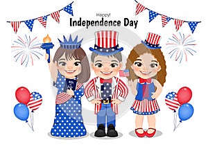 American Children Portrait Celebrating 4th Of July Independence Day with Costume, Holding Flags, Wearing Uncle Sam Hat Vector