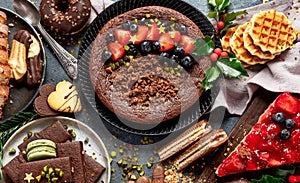 American Christmas sweets on dark background. Traditional food. Winter holidays concept