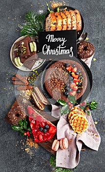 American Christmas sweets on dark background. Traditional food. Winter holidays concept