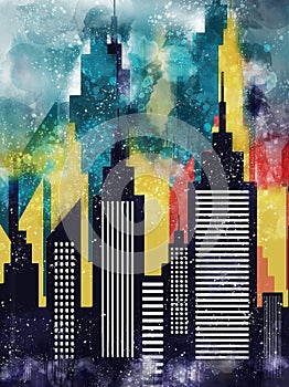 American City Buildings And Skyscrapers Watercolor
