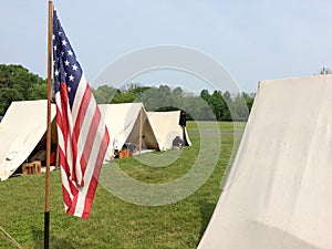 American civil war reenactment scene with flag