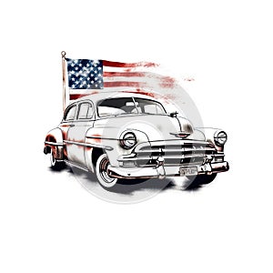 american classic car with USA flag art white background