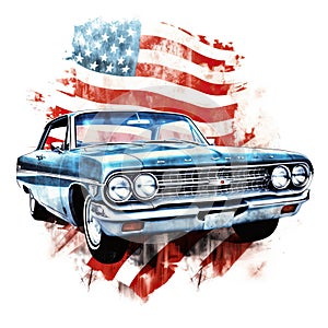 american classic car with USA flag art white background