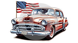american classic car with USA flag art white background