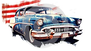 american classic car with USA flag art white background