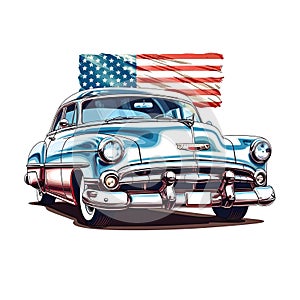 american classic car with USA flag art white background