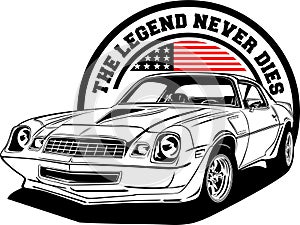 AMERICAN CLASSIC AND MUSCLE CARS LOGO CHEVROLET CAMARO WITH AMERICAN FLAG