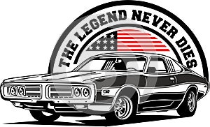 AMERICAN CLASSIC AND MUSCLE CARS LOGO DODGE CHARGER WITH AMERICAN FLAG