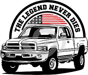 AMERICAN CLASSIC AND MUSCLE CARS LOGO DODGE RAM WITH AMERICAN FLAG