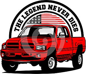 AMERICAN CLASSIC AND MUSCLE CARS LOGO DODGE RAM WITH AMERICAN FLAG