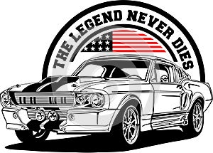 AMERICAN CLASSIC AND MUSCLE CARS LOGO FORD MUSTANG ELEANOR WITH AMERICAN FLAG