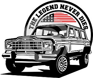 AMERICAN CLASSIC AND MUSCLE CARS LOGO JEEP WITH AMERICAN FLAG