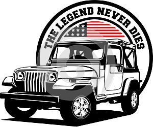 AMERICAN CLASSIC AND MUSCLE CARS LOGO JEEP WRANGLER WITH AMERICAN FLAG