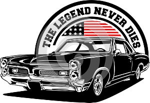 AMERICAN CLASSIC AND MUSCLE CARS LOGO PONTIAC GTO WITH AMERICAN FLAG