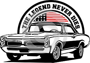 AMERICAN CLASSIC AND MUSCLE CARS LOGO PONTIAC GTO WITH AMERICAN FLAG