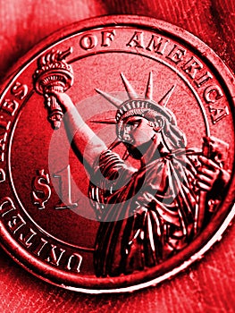 American coin lies in the palm. 1 dollar close-up. Red vertical tinted illustration in Republican Party GOP color. Bright and