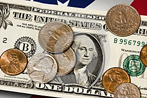 American coints and banknotes on the flag.