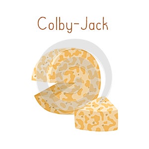 American Colby-Jack cheese isolated on white background. Californian marble Co-jack chees. Colored flat vector