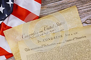 American constitution on of vintage parchment the document detail the United States Declaration of Independence with 4th july 1776