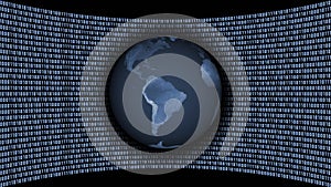 American continent on earth globe in front of a virtual studio wall of binary code in gray blue color on black background