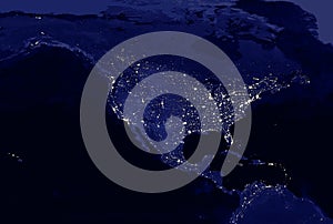 American continent electric lights map at night. City lights. Map of North and Central America. View from outer space