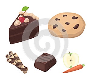 American cookies, a piece of cake, candy, wafer tubule. Chocolate desserts set collection icons in cartoon style vector