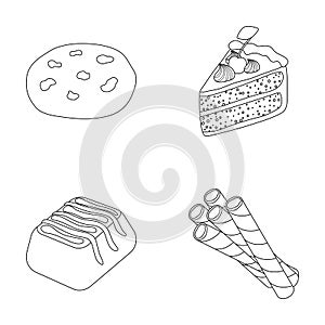 American cookies, a piece of cake, candy, wafer tubule. Chocolate desserts set collection icons in outline style vector