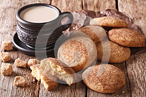 American cookies Snickerdoodle and coffee with milk close-up. Ho