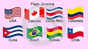 American countries flag set North, Central South America